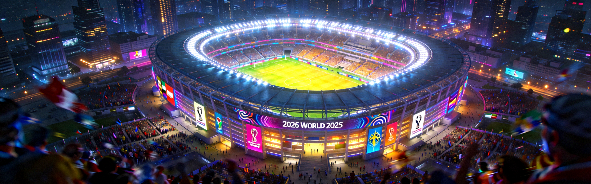 2026年世界杯主赛场夜景 - 灯光璀璨的现代化足球场